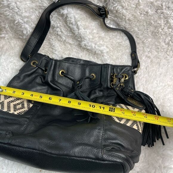 Born leather black shoulder bag drawstring tassels accent side pockets - Picture 9 of 12